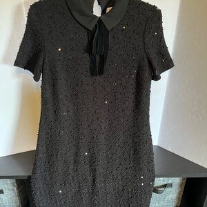 Elle Black Textured Mini Dress with Collar and Velvet Bow